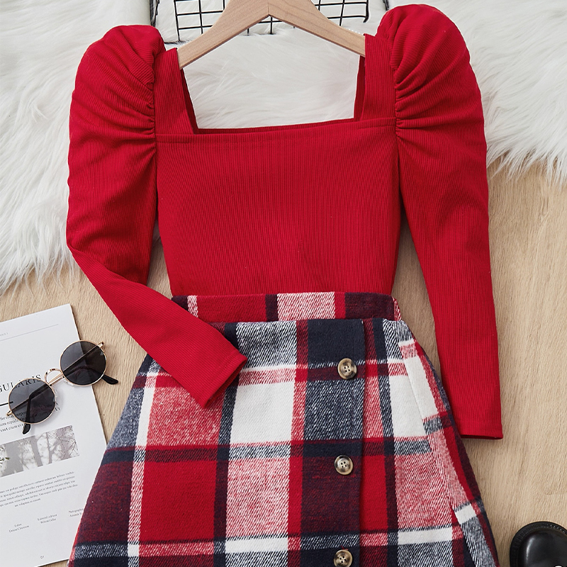 Autumn Girls' High Neck Bubble Sleeve Top with A-Line Plaid Skirt Set - KJ1C3194A