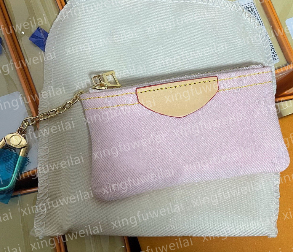 light pink card holder women designer denim purse zipper coin key chains wallets for woman luxury cardholder keychain pouch
