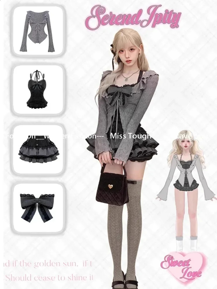 Sweet Lolita Vintage Suit Ruffles Cardigan Sexy Y2k Corset Vest Mini Skirts Autumn Korean Elegant 3 Piece Dress Sets 250823