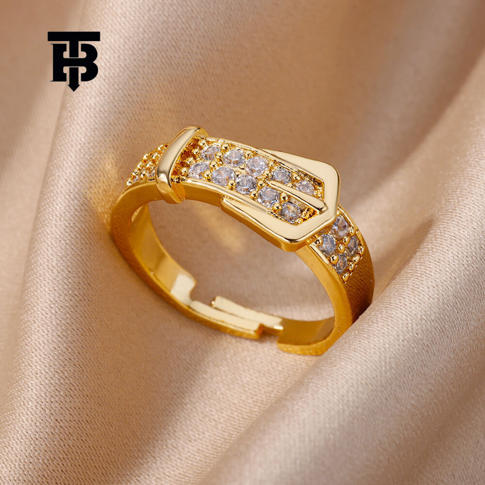 TB BHULAMTE European And American Fashion New Zirconia Inlaid Chain Geometric Ring 18K Light Luxury Designer Adjustable Open Women's Ring Jewelry
