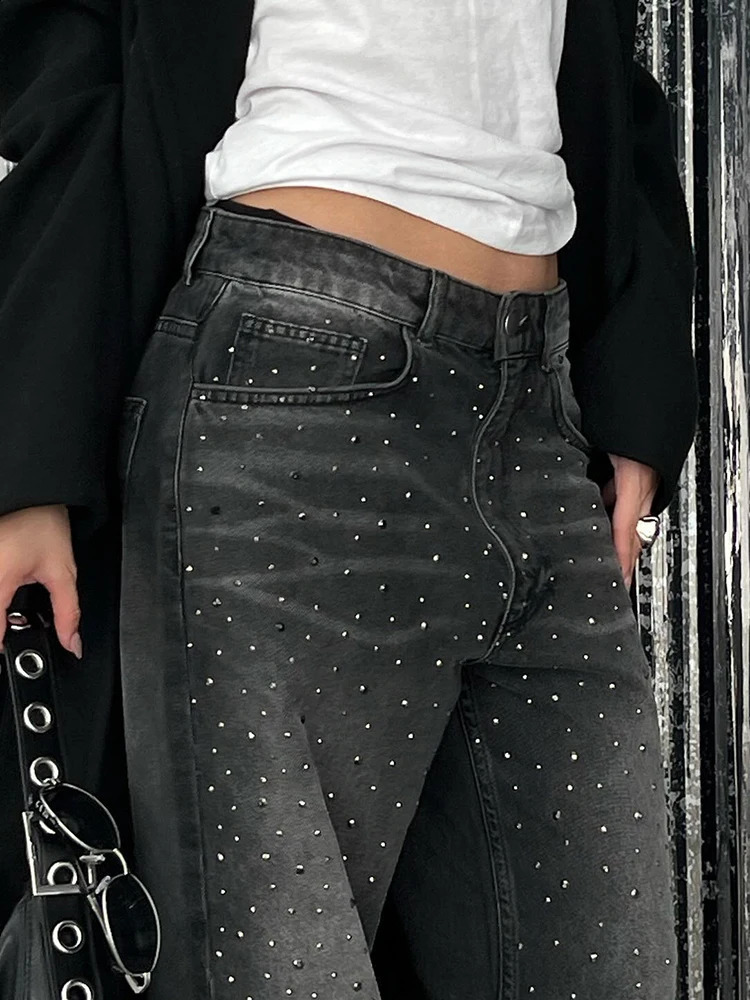 Cuteandpsycho Vintage Rhinestone Loose Jeans Fashion Low Waisted Pockets Zipper Pants Harajuku Chic Streetwear Bottoms for Women Z260313