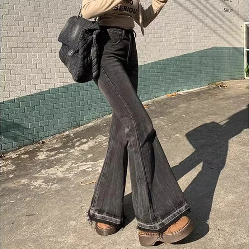 Woman High Waist Vintage Casual Flare Jeans Elastic Slim Fit Bell Bottom Pants Lady Blue Black Grey Denim Trousers Z260313
