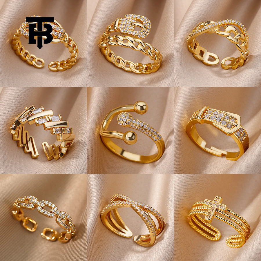 TB BHULAMTE European And American Fashion New Zirconia Inlaid Chain Geometric Ring 18K Light Luxury Designer Adjustable Open Women's Ring Jewelry