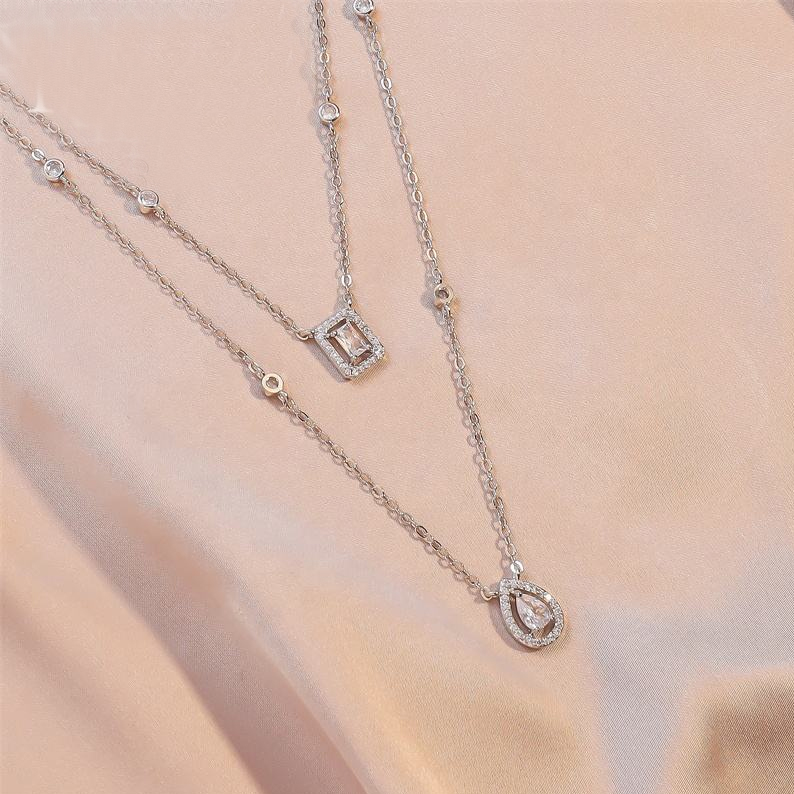MT Luxury Fashion 925 Sterling Silver Pear-cut Emerald-cut Moissanite Diamond Double-layer Chain Necklace for Women Wedding Engagement Jewelry wholesa