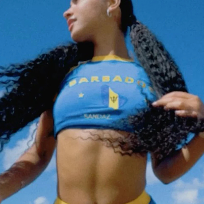 Blue Sexy Barbados Embroidery Crop Tops Women T-shirt Cropped Slim High Waist Short Sleeve Summer Clothes Tops Female Tees 250823