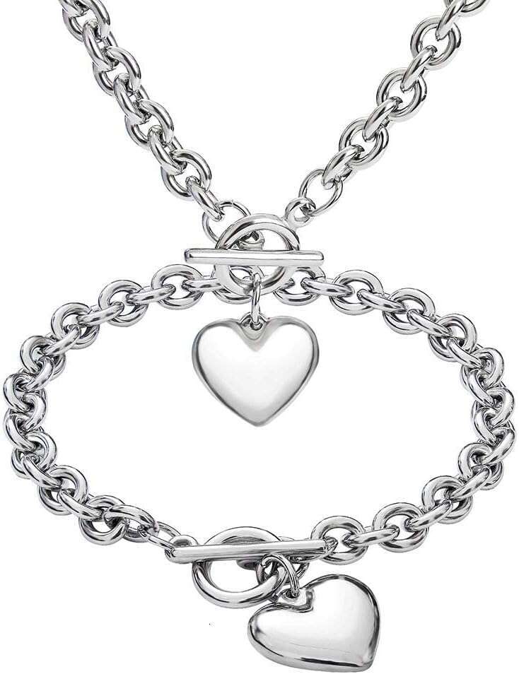 Sier Rose Gold Plated Charm Chunky Stainless Steel Chain Heart Toggle Choker Bracelet Necklace for Womens Fashion Valentine Jewelry Set