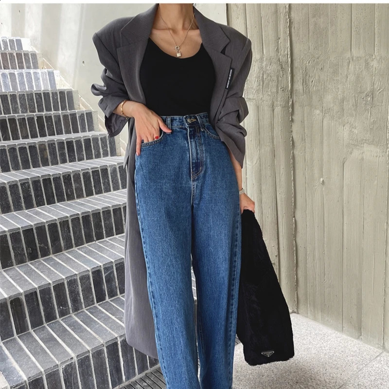 Spring Summer Vintage Denim Wide Leg Pants High Waist Blue Street Washed Casual Loose Jeans Pant Pockets Female Z260313