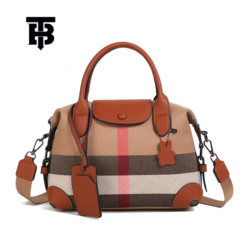 TB BHULAMTE Free Shipping Designer Luxury Women's Plaid Canvas Leather Splicing Versatile Handbag Fashion Flip Shoulder Crossbody Bag Shopping Ba