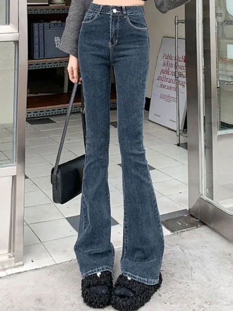 Women Korean Flare Jeans High Waist Elastic Boot Cut Pants Lady Vintage Blue Black Gray Brown Denim Bell Bottom Trousers Z260313