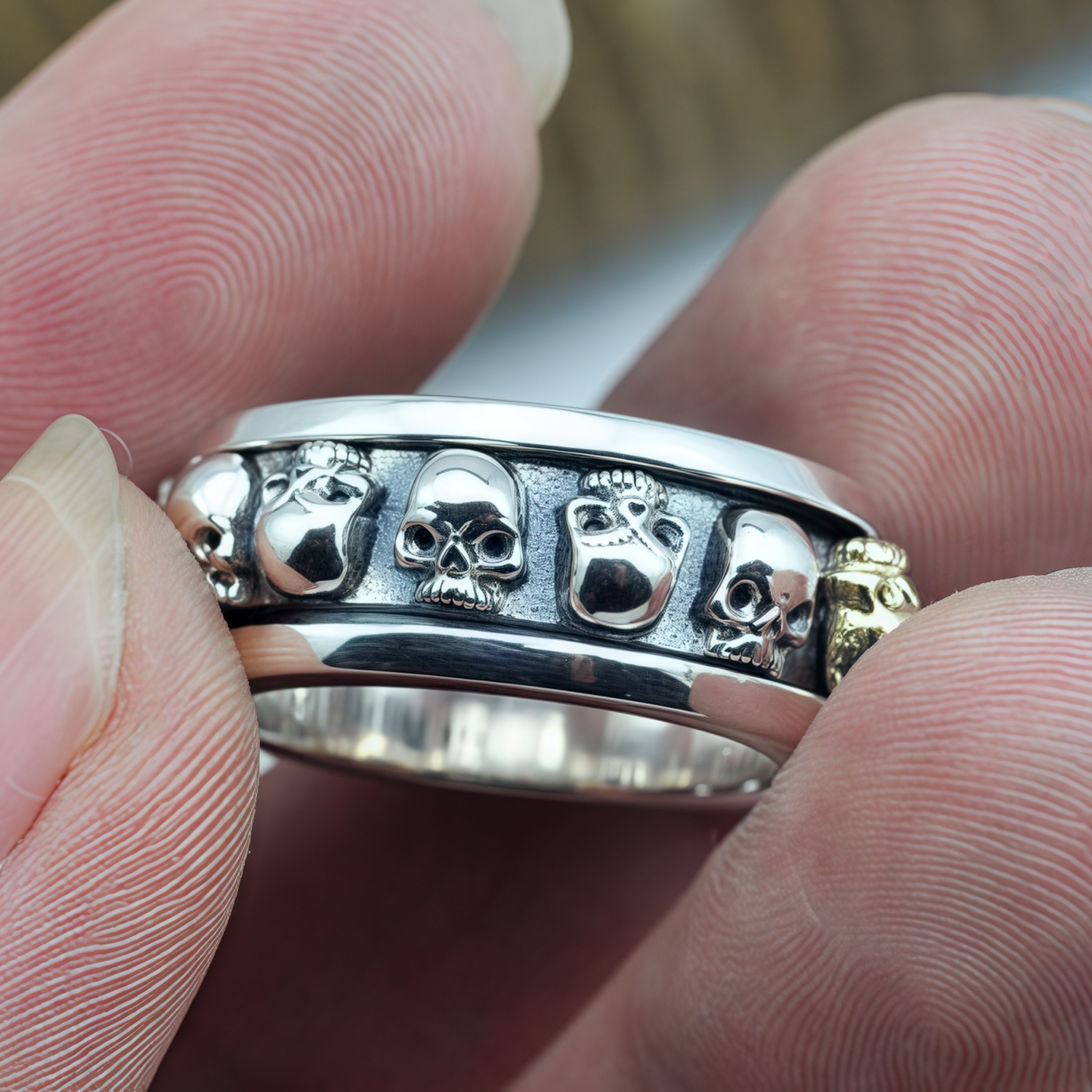 Skull Head/Organizational Belief/Golden Virgin Mary/Lucky Goddess/V-shaped Smile Religious Totem Vintage S925 Thai Silver Personality Cowboy Adjustbal