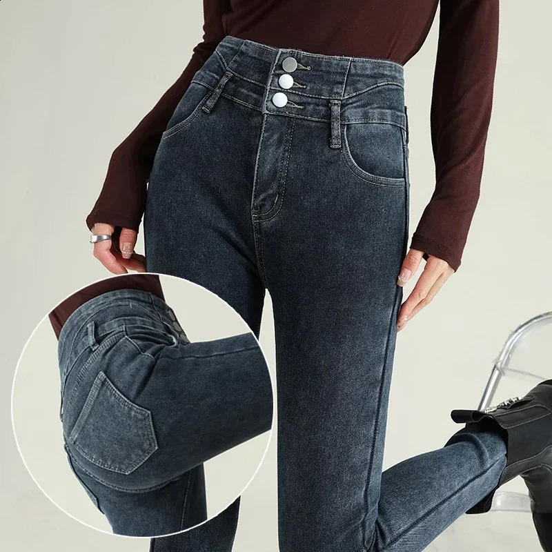 Womens High Waist Stretch Jeans Blue Black Gray Fashionable and Versatile Multibutton Slim Denim Long Pants Female Z260314