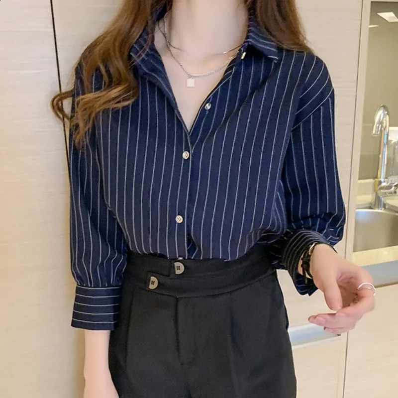 Striped Shirt Women Summer Vintage Chic Loose Blouse Y2K Office Ladies Fashion Casual Turn Down Collar All Match 250823
