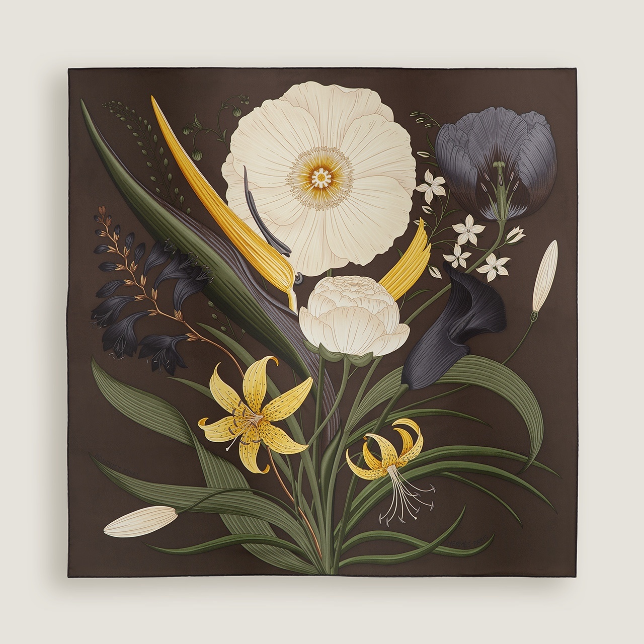 25ss 90cm designer silk scarf H-square scarf, women twill, new style mulberry silk large shawl everlasting flower bouquet pattern headscarf, scarf scarf painting