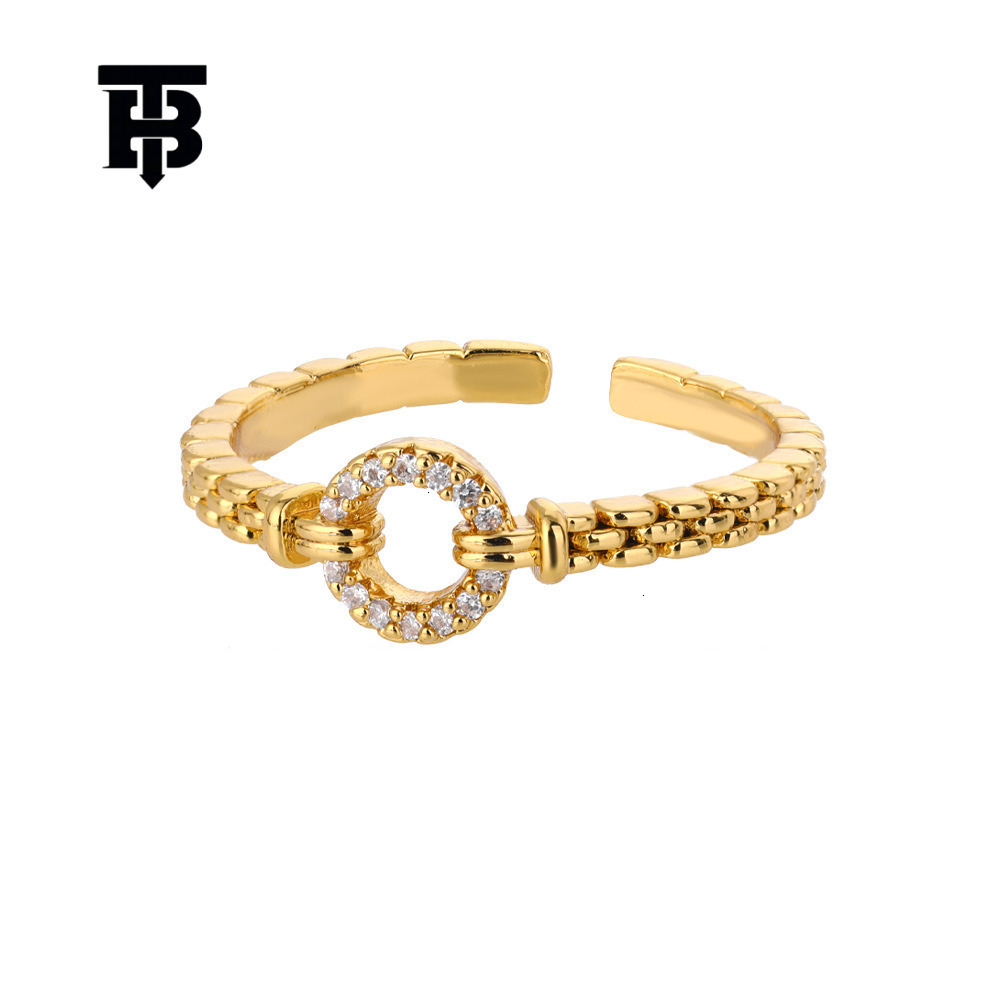 TB BHULAMTE European And American Fashion New Zirconia Inlaid Chain Geometric Ring 18K Light Luxury Designer Adjustable Open Women's Ring Jewelry