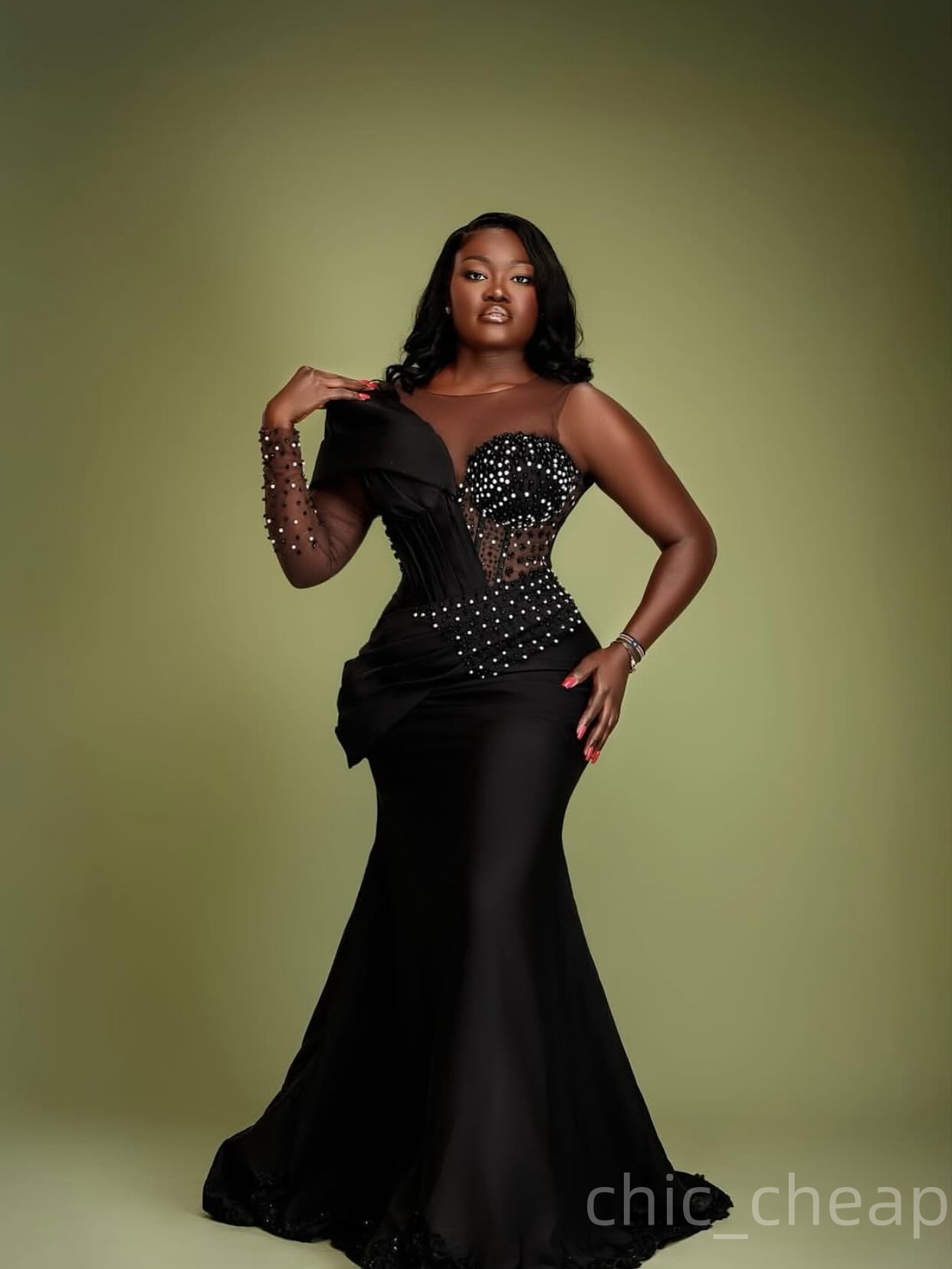 Mermaid Black Prom Dresses 2025 Pearls Beaded Satin Sheer Neck Evening Formal Party Second Birthday Engagement Gowns Plus Size Dress For Special Occas