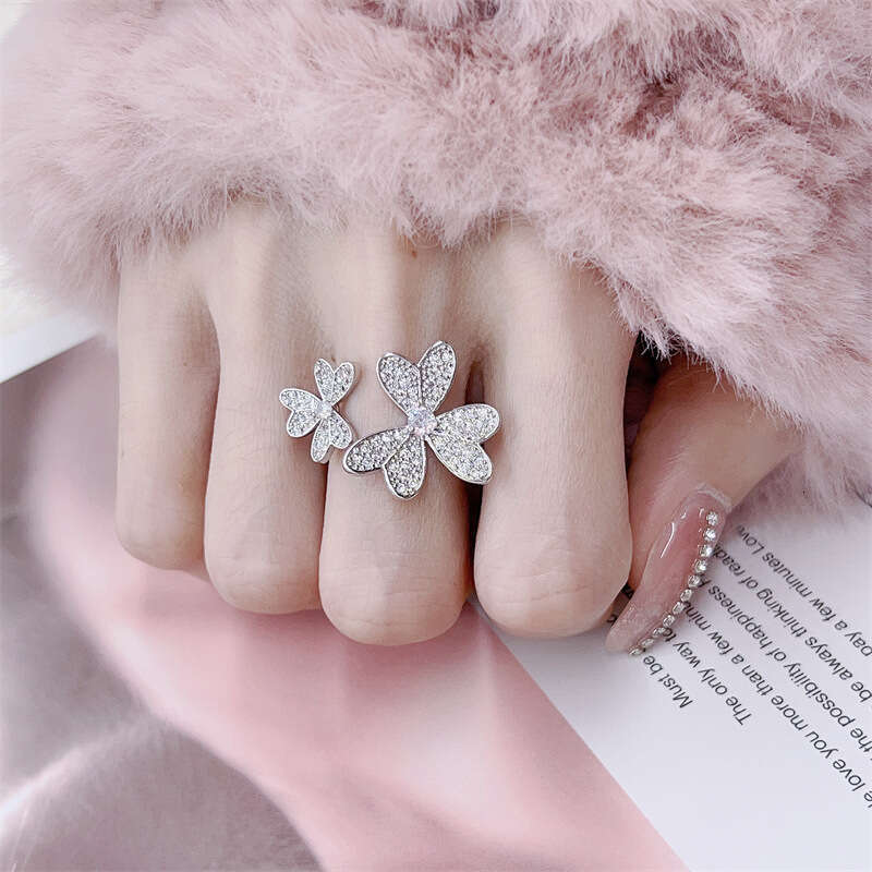 Top grade luxury full diamond flower ring women girls lovely romantic flowers rings 18k rose gold silver charm ring jewelry open size