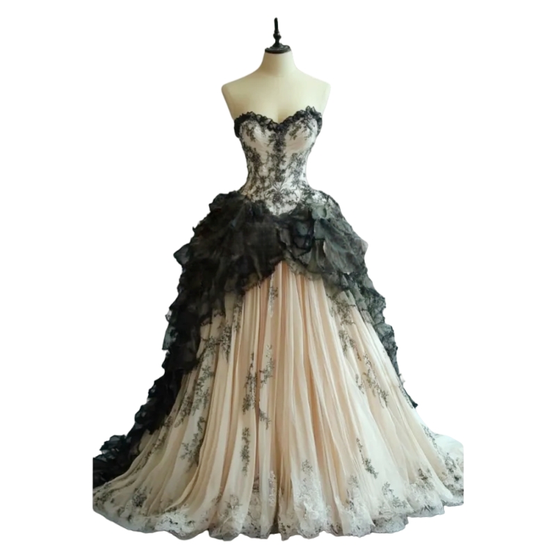 Vintage Champagne And Black A-Line Wedding Dresses With 3D Floral Appliques Lace Tulle Long Bridal Gown New Gothic Bride Dress Back Lace-Up