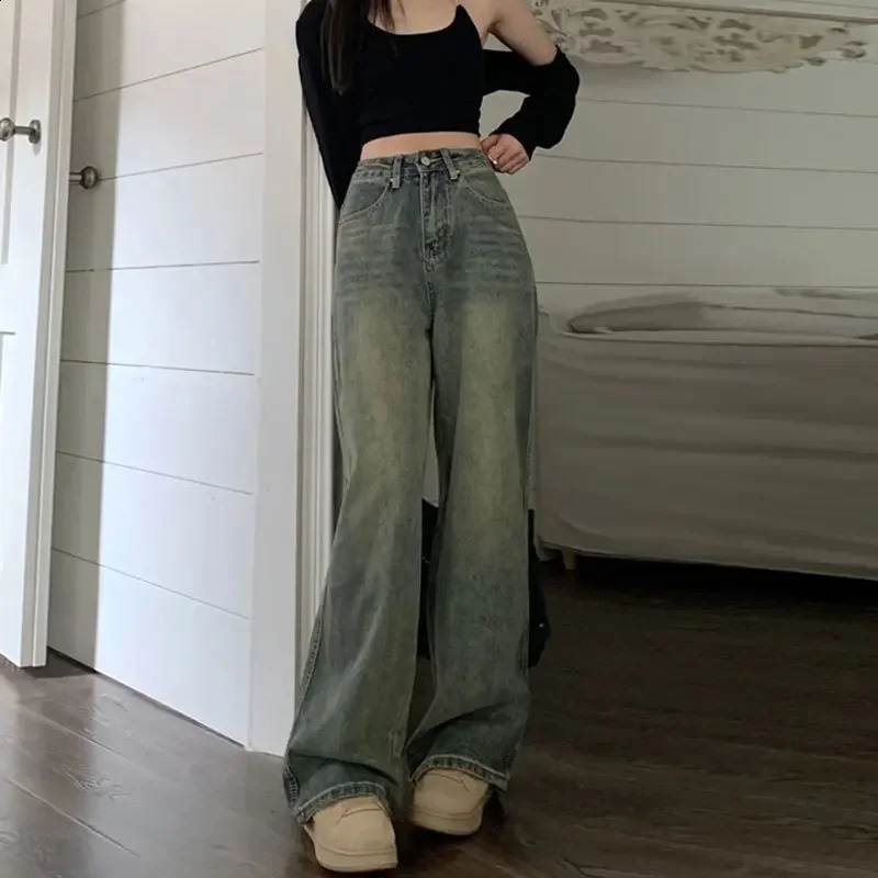 Vintage Highwaisted Slimming Jeans American Style Casual Bell Bottoms Versatile Straightleg Long Pants For Women Z260313