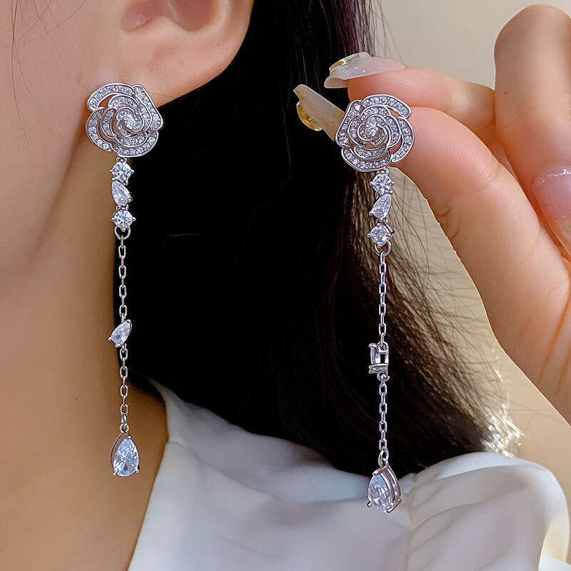 light luxury silhouette long style love rose flowers tassel earring sterling silver camellia flower earrings for women luxury rose gold zircon ear rin