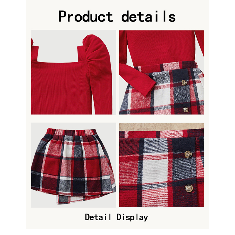 Autumn Girls' High Neck Bubble Sleeve Top with A-Line Plaid Skirt Set - KJ1C3194A