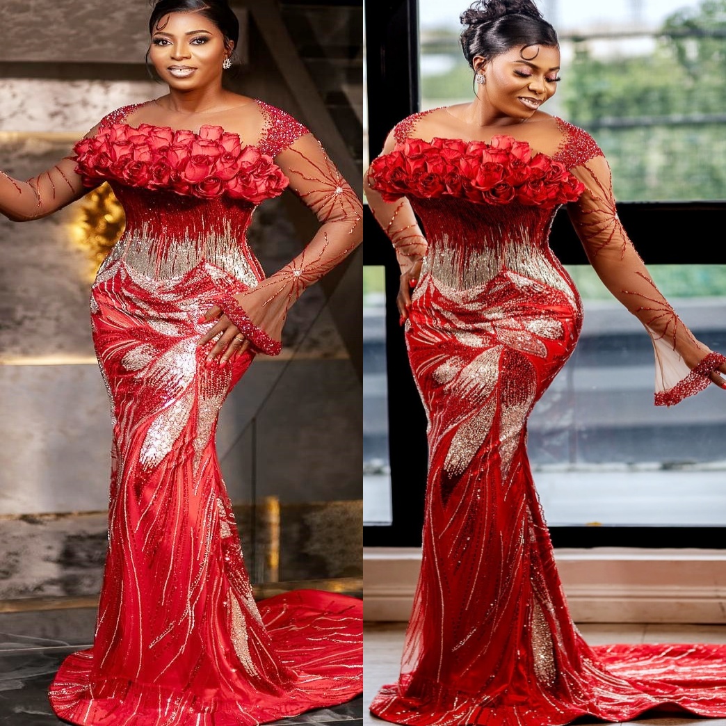 Mermaid Red Prom Dresses 2025 Beaded Flowers Sequined Sparkly Elegant Evening Formal Party Second Birthday Engagement Gowns Plus Size Dress For Specia