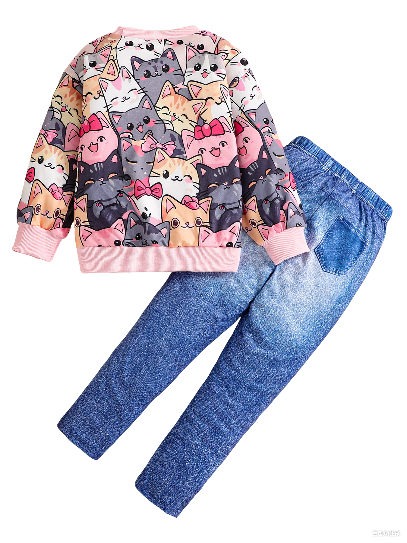 Kids Girls Trendy Cartoon Cat Graphic Long Sleeve hoodie with Matching Jeans Two-Piece Outfit for Fall/Spring - KJ1C4898A