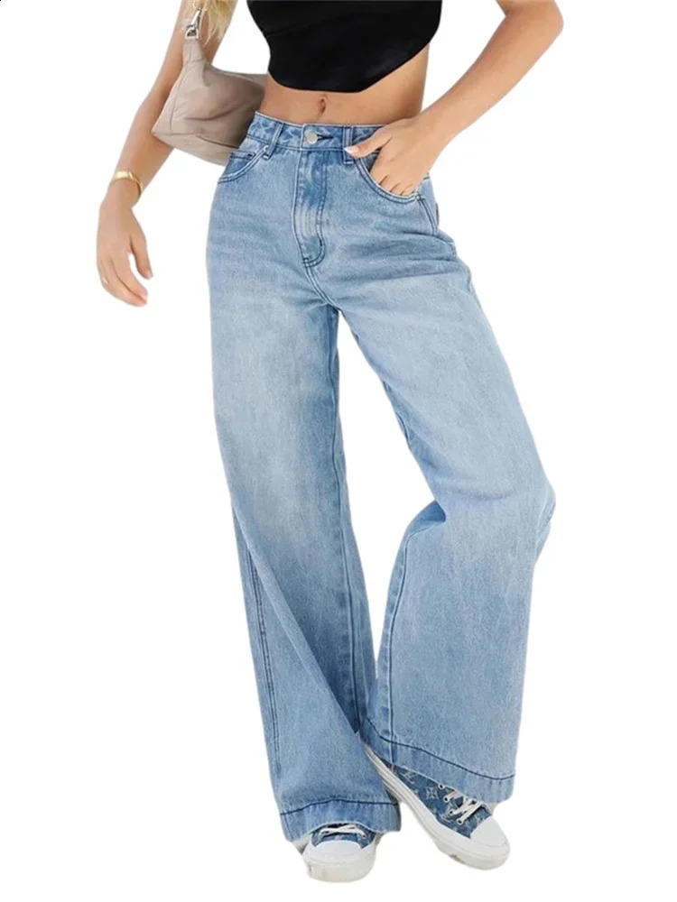 Women Jeans High Waist Wide Leg Pants with Pockets Casual Long Trousers Z260313
