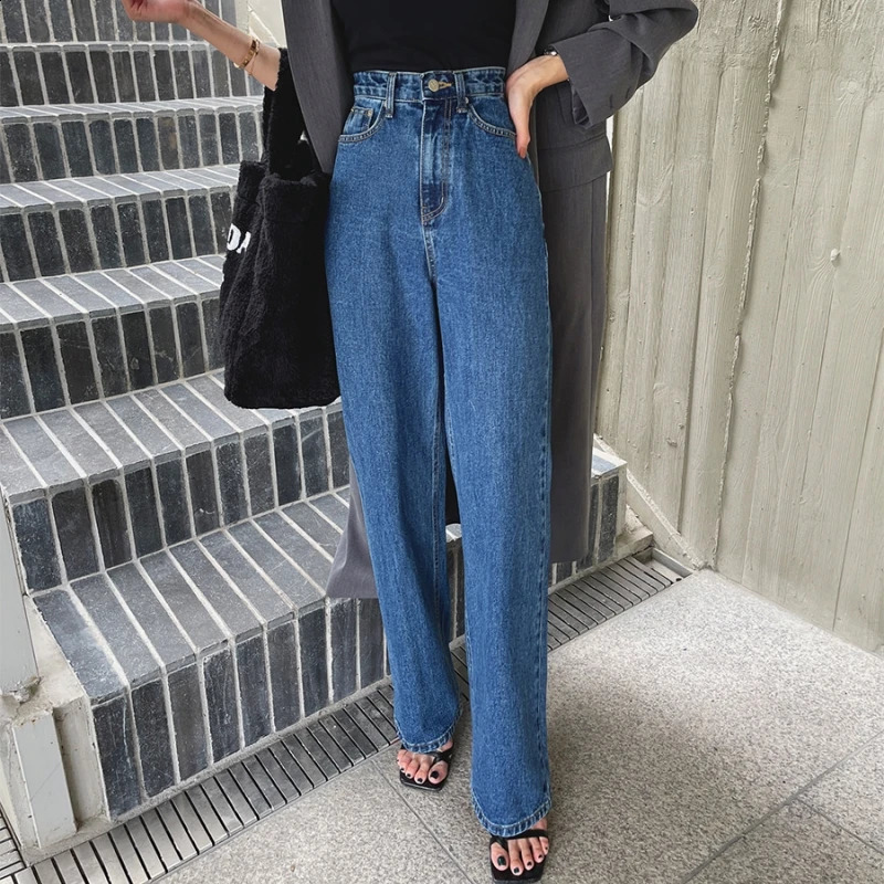 Spring Summer Vintage Denim Wide Leg Pants High Waist Blue Street Washed Casual Loose Jeans Pant Pockets Female Z260313