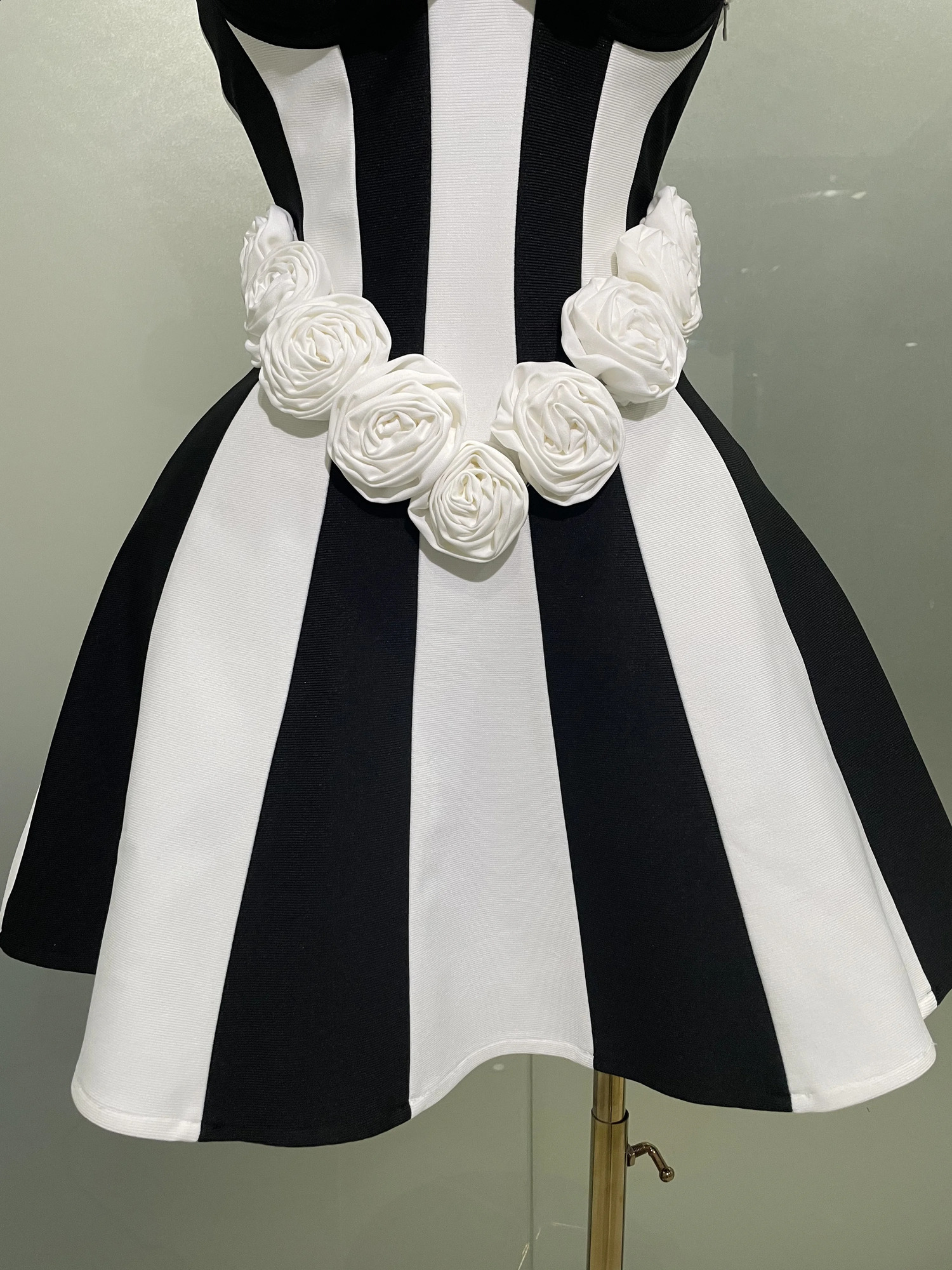 Women Flower Decoration Strapless Black White Stripe Bandage Short Dress Cocktail Party Elegant Evening Club 250823
