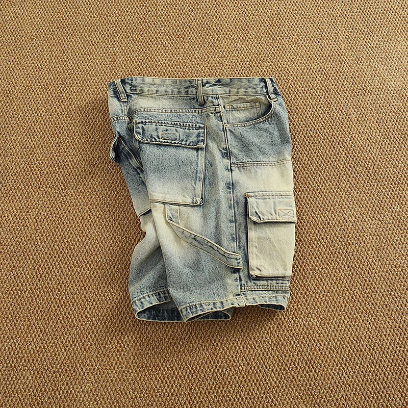 Summer denim medium pants fashion men high street trend fashion baggy multi-pocket cargo quarter pants 250823