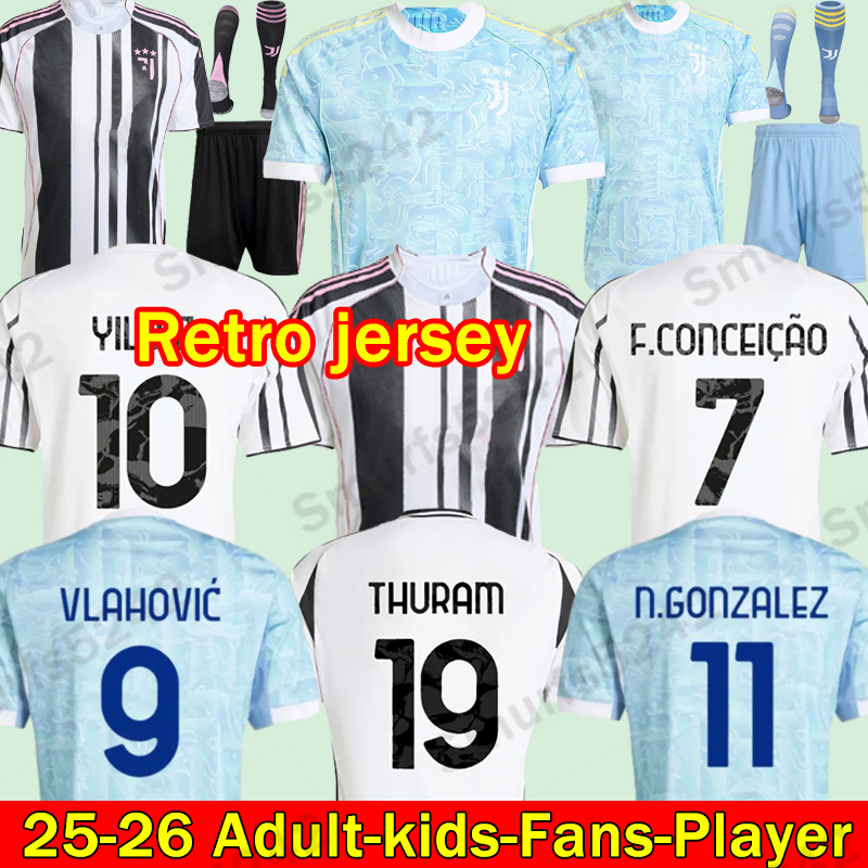 Retro jersey 25 26 Juve Soccer Jerseys Locatelli LUIZ Fans Player Home Away MILIK DIMARIA KEAN VLAHOVIC YILDIZ Thuram Kalulu Football Shirt Men Kids kit Kits 1998 1999