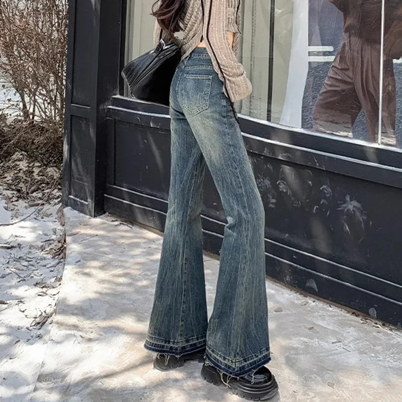 Woman High Waist Vintage Casual Flare Jeans Elastic Slim Fit Bell Bottom Pants Lady Blue Black Grey Denim Trousers Z260313