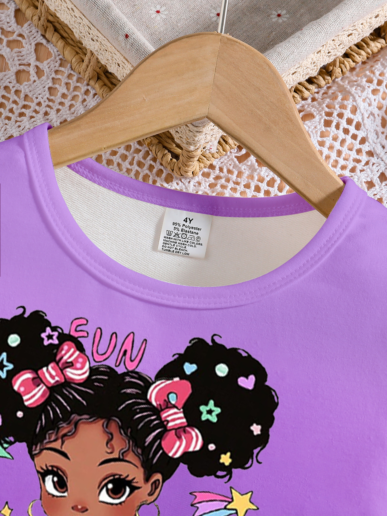 Girls' Set with Round Neck Bubble Sleeve Top & Bell Bottom Denim Pants Purple top - KJ1C4230B