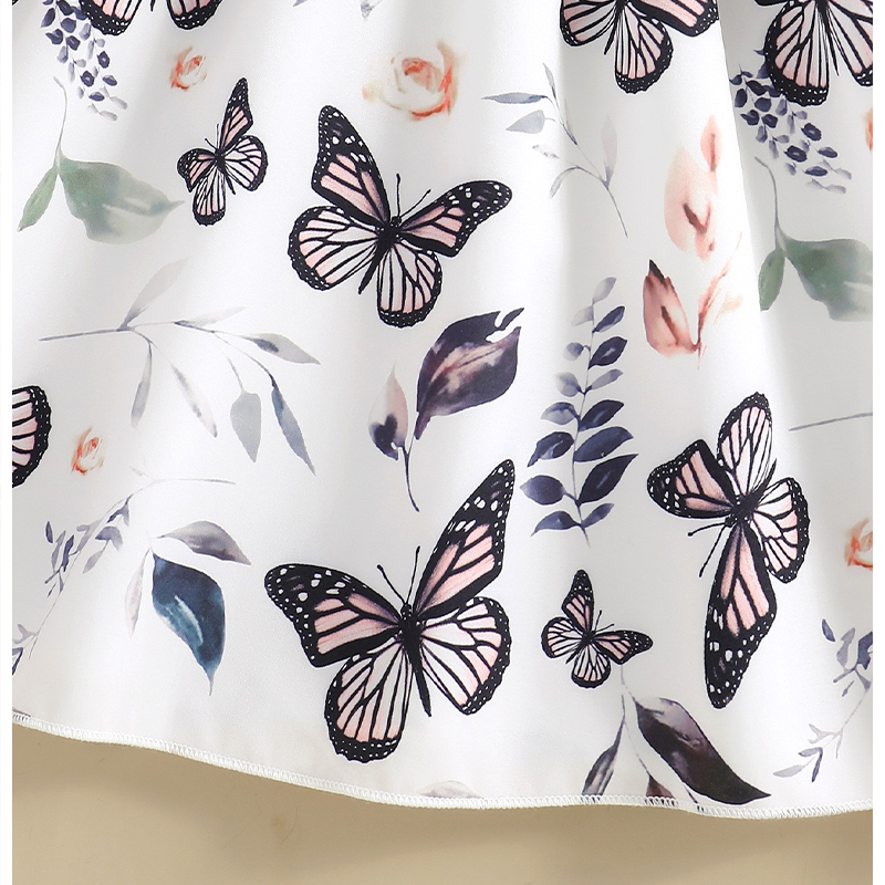 Summer Girls' Floral A-Line Dress with Frilly Sleeves Sweet Butterfly Knot Flower Print Tiered Dresses pink - KJC8847A