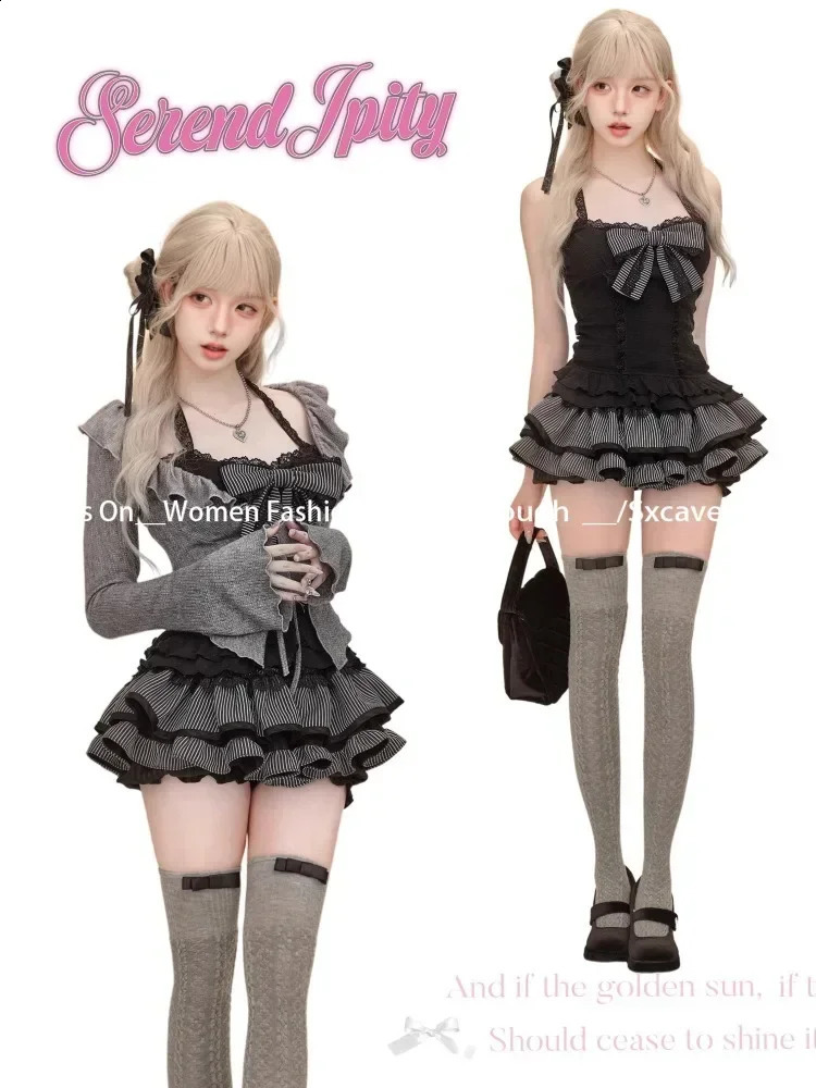 Sweet Lolita Vintage Suit Ruffles Cardigan Sexy Y2k Corset Vest Mini Skirts Autumn Korean Elegant 3 Piece Dress Sets 250823