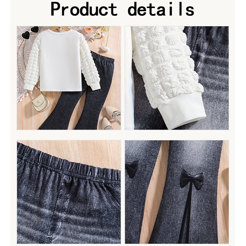 Girls' Set with Round Neck Bubble Sleeve Top & Bell Bottom Denim Pants pink top - KJ1C4230C