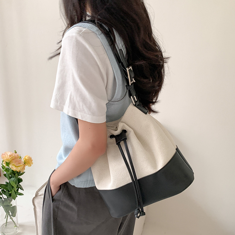 Korean Style Fashion Large Luxury Bag Capacity Canvas Patchwork Drawstring Bucket Designer Bag Bag Women's Versatile Casual Shoulder Bag Women�