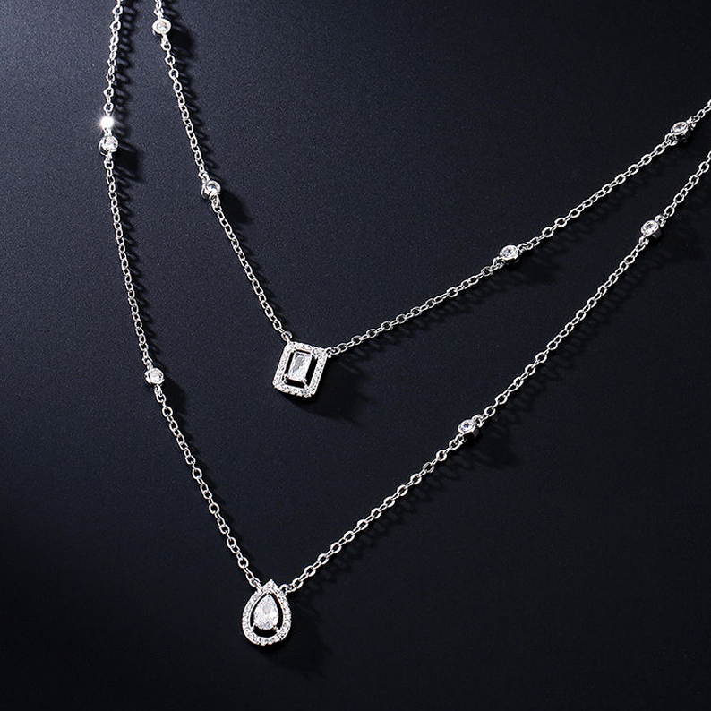 MT Luxury Fashion 925 Sterling Silver Pear-cut Emerald-cut Moissanite Diamond Double-layer Chain Necklace for Women Wedding Engagement Jewelry wholesa