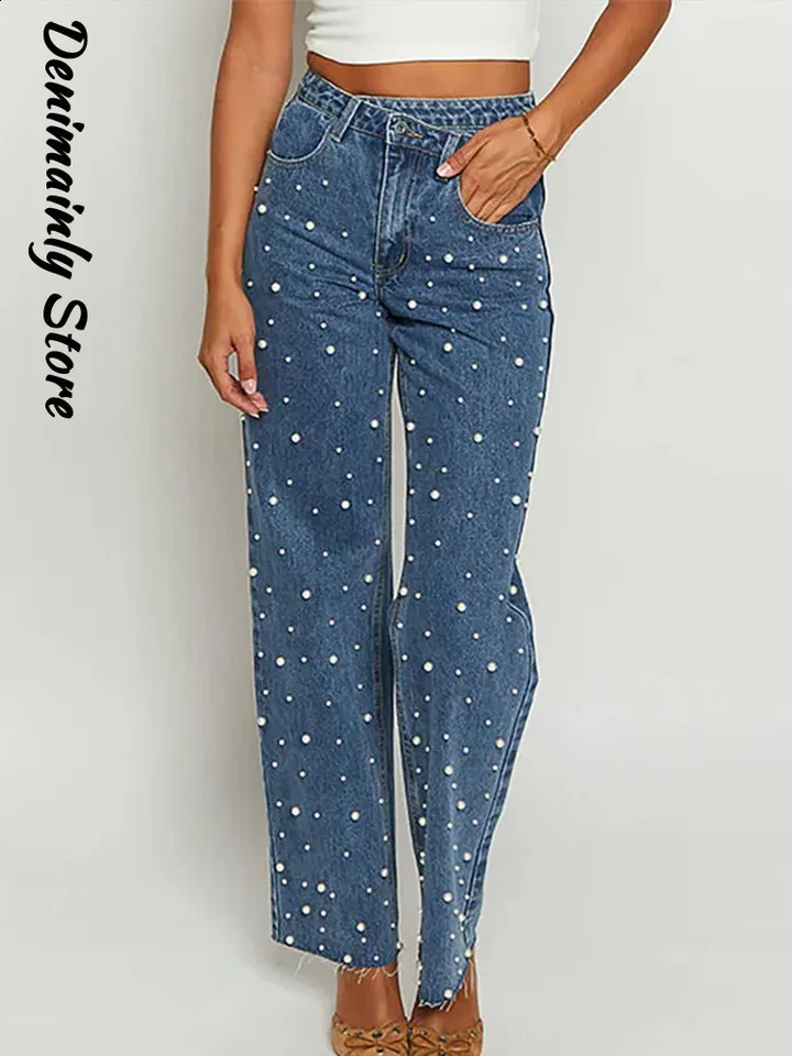 Fashion Full Pearl High Street Woman Jeans Crossed Waist Denim All Match Straight Trousers Rough Selvedge Sweet Girls Pants Z260313
