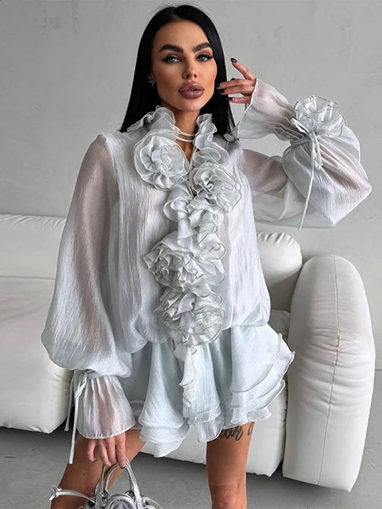 Elegant 3D Flower Ruffle Shirt Shorts Sets Women Lace Up Long Sleeve V-neck Top Elastic Waist Shorts Summer Chic Lady Suits 250823