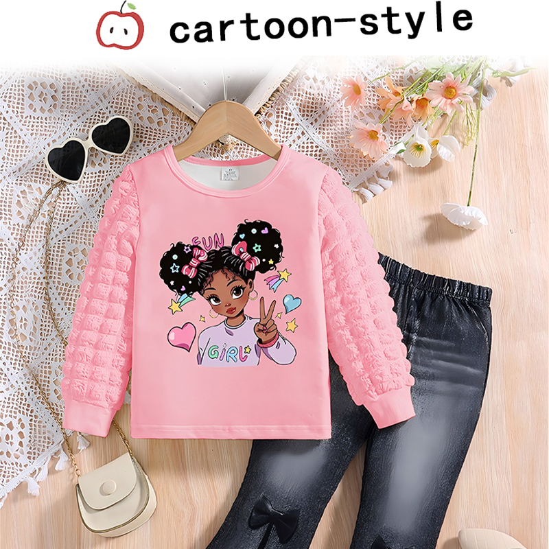 Girls' Set with Round Neck Bubble Sleeve Top & Bell Bottom Denim Pants pink top - KJ1C4230C