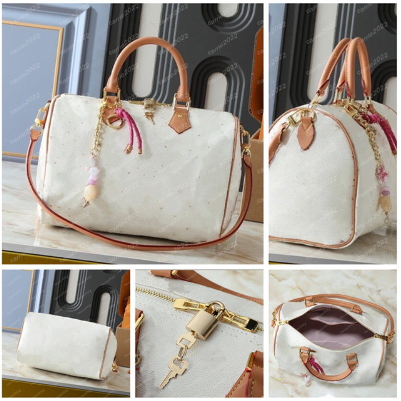 Top Quality Leather pillow bags Boston bag SoftP9 30 Luknrcky Handbag For Women Luxury Crossbody Double zipped closure with lock 30x21x17cm white flower New arrive