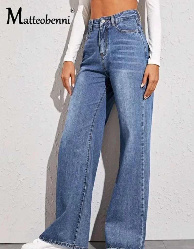 Fashion High Waist Straight Jeans Women Autumn Blue Casual Loose Wide Leg Trousers Striped Palazzo Pants Z260313