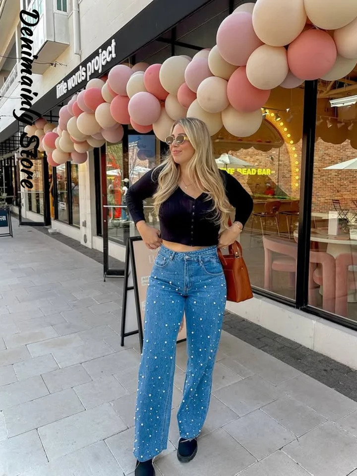 Fashion Full Pearl High Street Woman Jeans Crossed Waist Denim All Match Straight Trousers Rough Selvedge Sweet Girls Pants Z260313