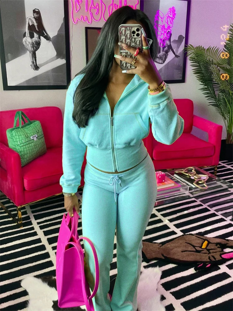 Autumn Long Sleeves Zipper Crop top Suits Tracksuits Womens Suits Casual Pants Blue waffle 2 Piece Sets Sweatshirt 250823 - view 4