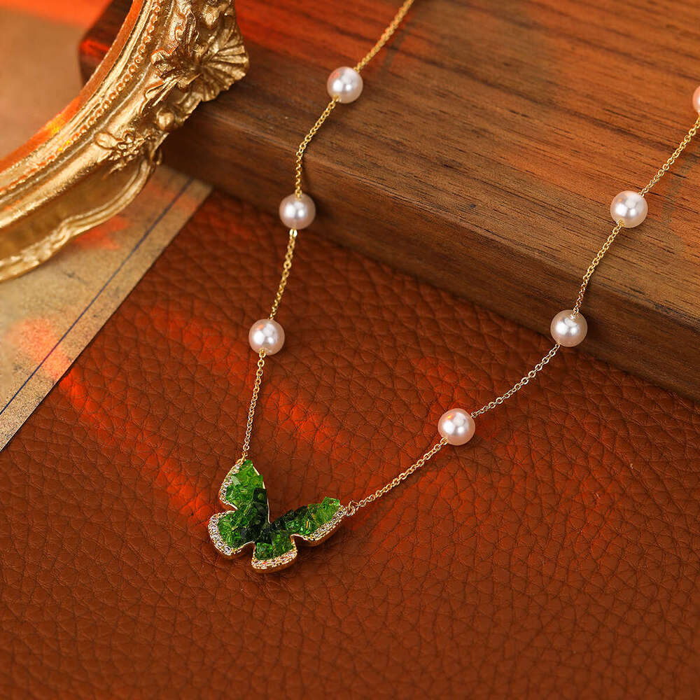 Green zircon butterfly earrings light niche simple women's versatile high beauty celebrity universal earrings butterfly necklace