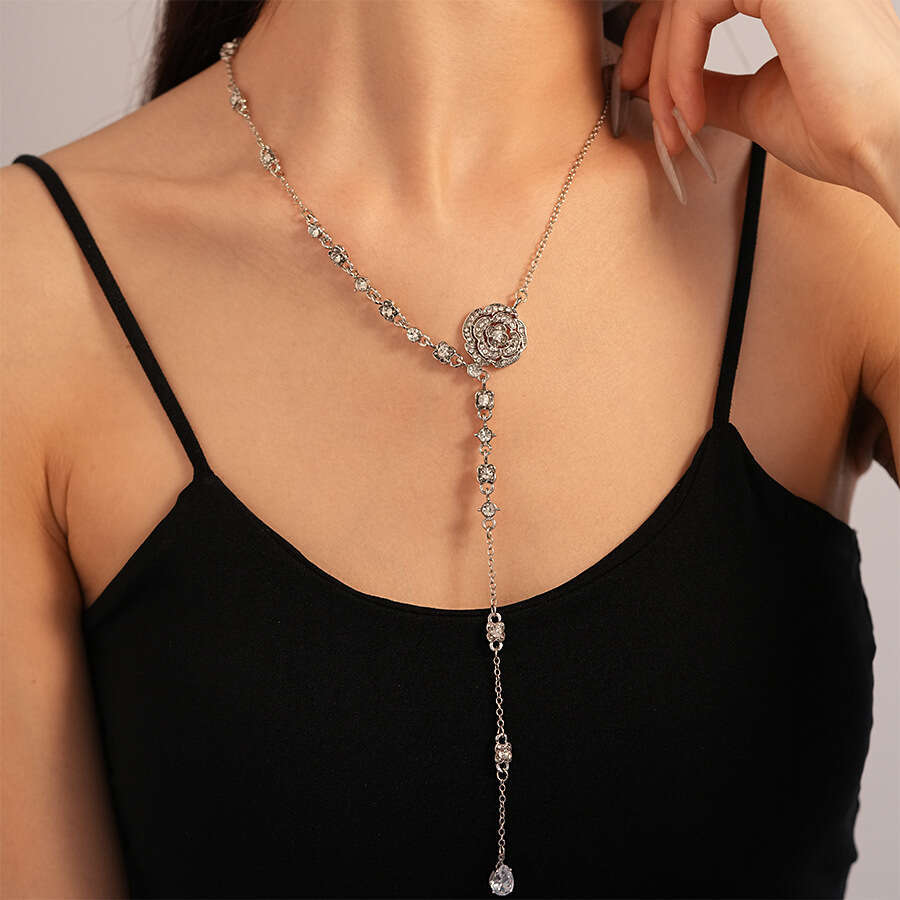Womens Long water drop sweater chain Chain Pendant Necklace Flower Necklace Womens Long Winter Sweater Chain Accessories