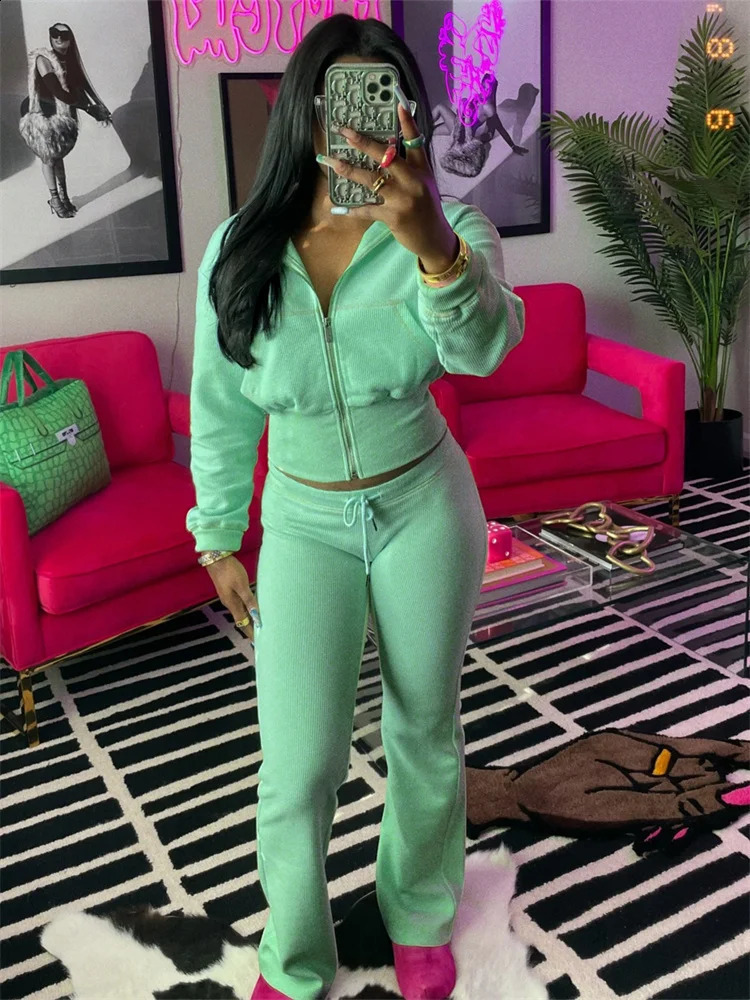 Autumn Long Sleeves Zipper Crop top Suits Tracksuits Womens Suits Casual Pants Blue waffle 2 Piece Sets Sweatshirt 250823