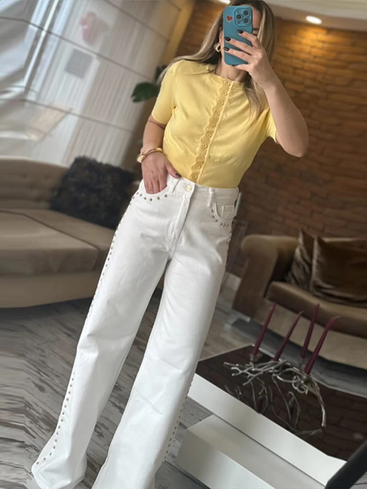 Womens Denim Beaded Jean Vintage High Waisted Pockets Zipper Button Female Streetwear Spring Summer Y2K Lady Trousers Z260313