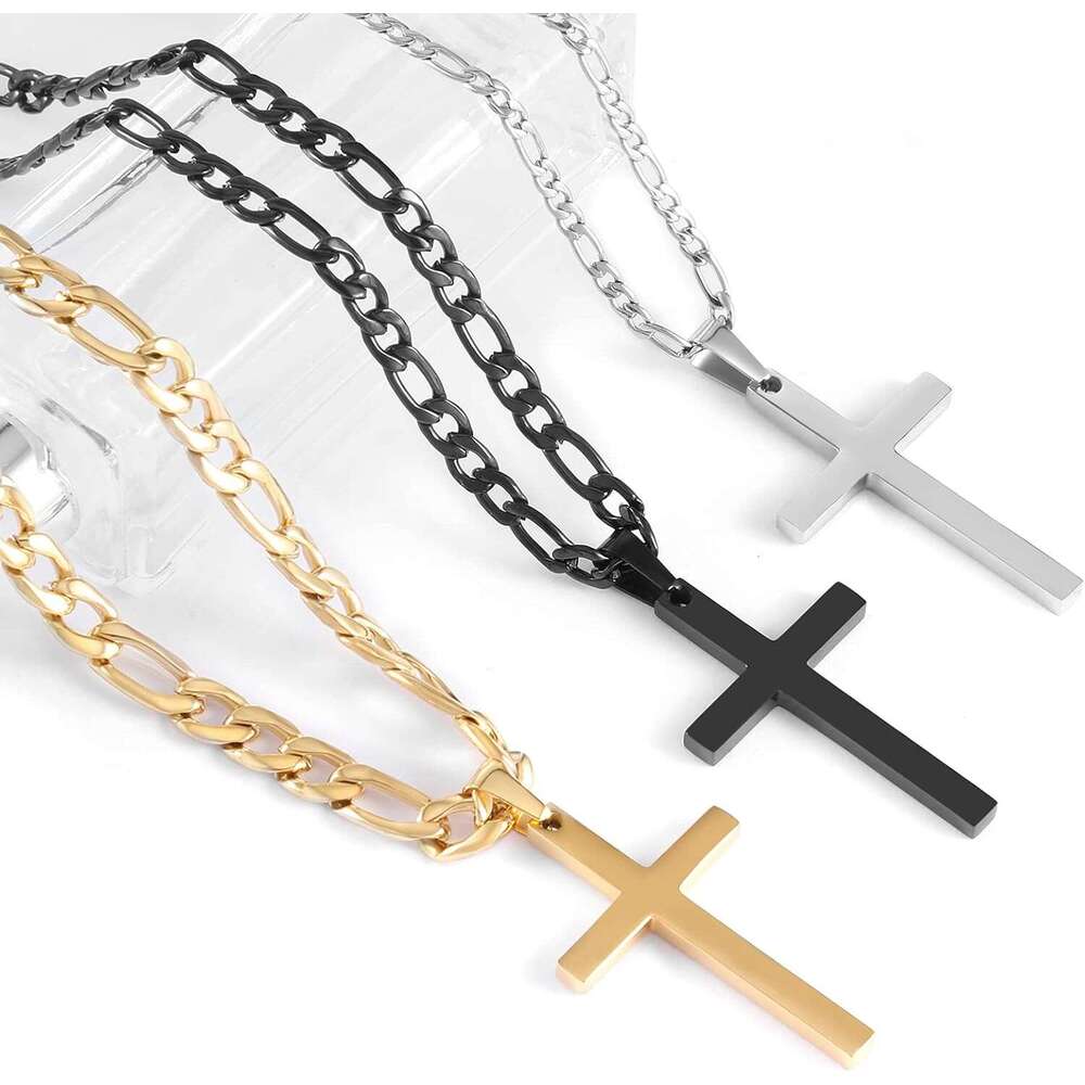 for Men - Stainless Steel Sier/Gold Plain Cross Pendant Necklace Simple Jewelry Gifts, 24 Inches 3:1 Figaro Link Chain 4/5/6mm Width